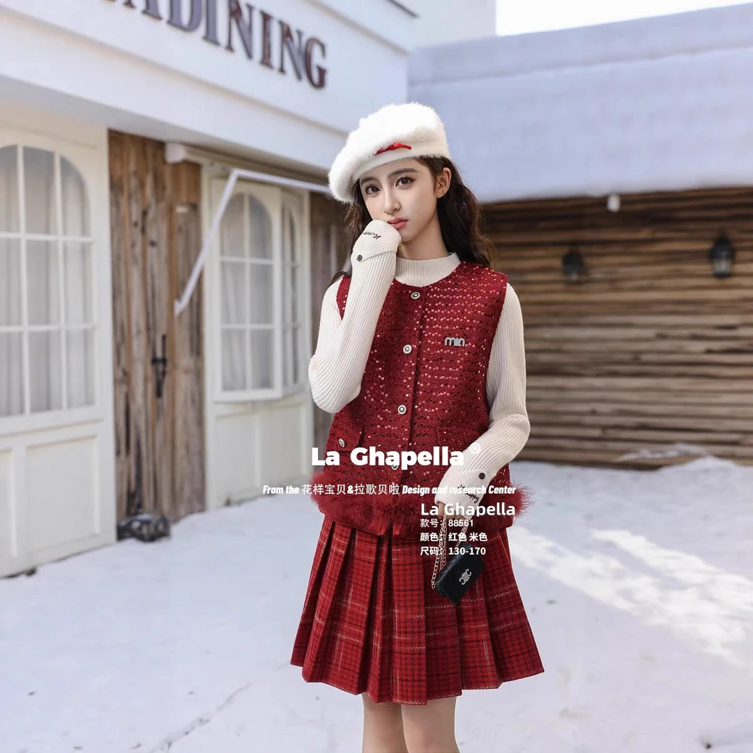 女童秋冬新款加厚马甲套装保暖年服小香风时尚百搭红色韩版百褶