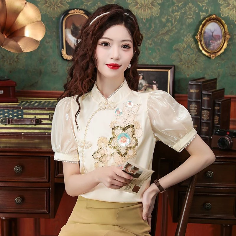 新中式夏季短袖雪纺衬衫女装夏装2025新款重工刺绣钉珠上衣设计感