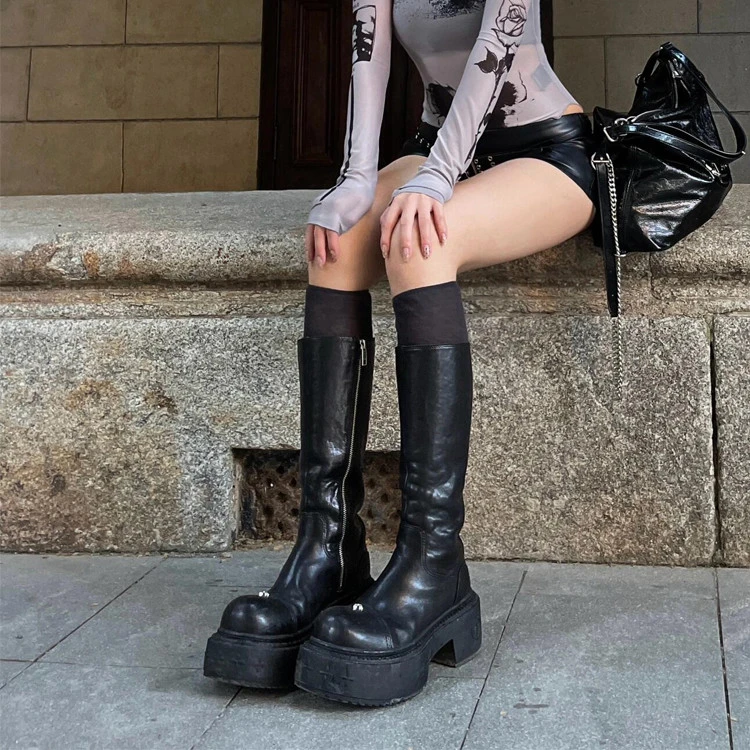 辣妹显瘦厚底靴十字花长靴小个子长筒靴女秋冬黑色靴子高筒骑士靴