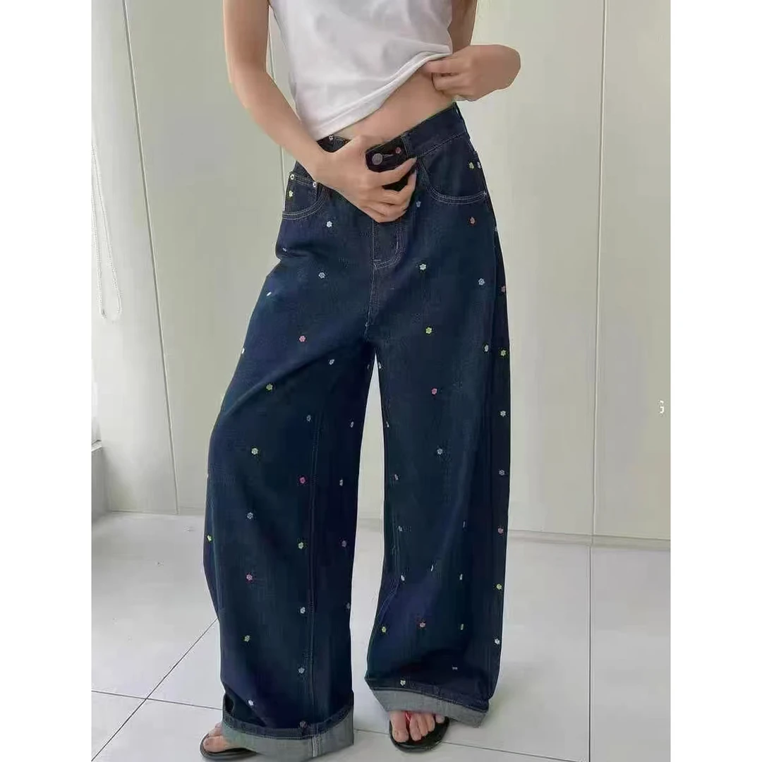 无印心匠C68177夏季色花朵刺绣高腰阔腿牛仔拖地裤女宽松显瘦K842