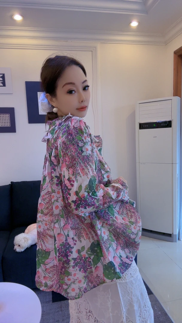 法式碎花长袖衬衫气质设计感印花防晒休闲上衣