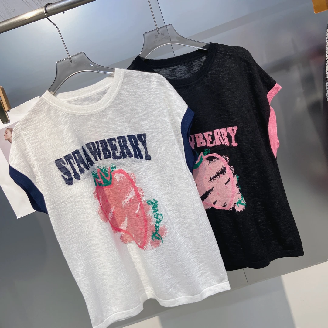 潇也甄选-印花提花夏季女圆领毛针织衫无袖大版短袖女装