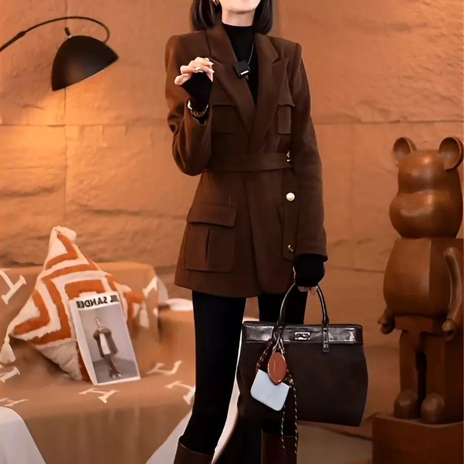 高级感复古灯芯绒气质修身腰带收腰西装外套女【送腰带】