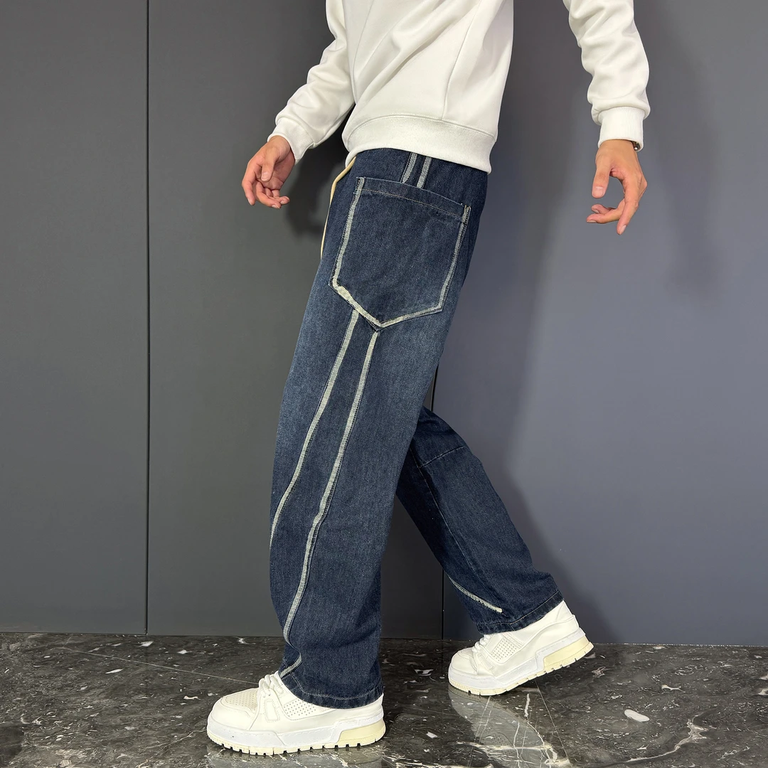 春秋个性痞帅牛仔裤男士时尚潮牌弯刀裤复古宽松直筒阔腿休闲长裤