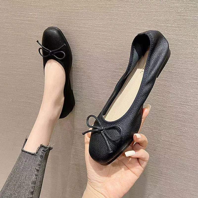9278136 黑色单鞋女平底软底豆豆鞋女2025夏季新款瓢鞋蝴蝶结女鞋