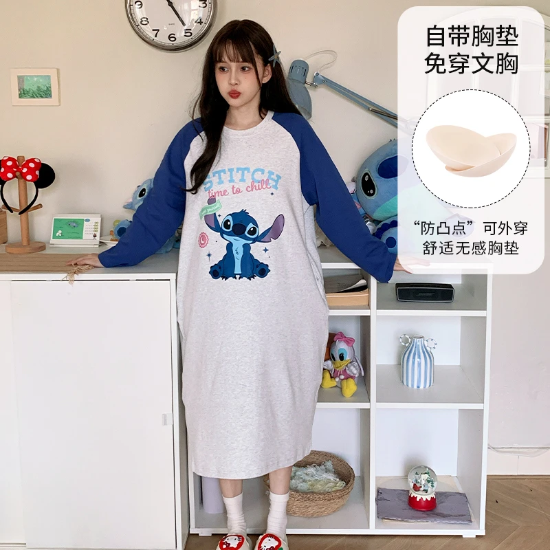 Disney/迪士尼秋季圆领中长款卡通长袖睡衣印花带胸垫家居服0155