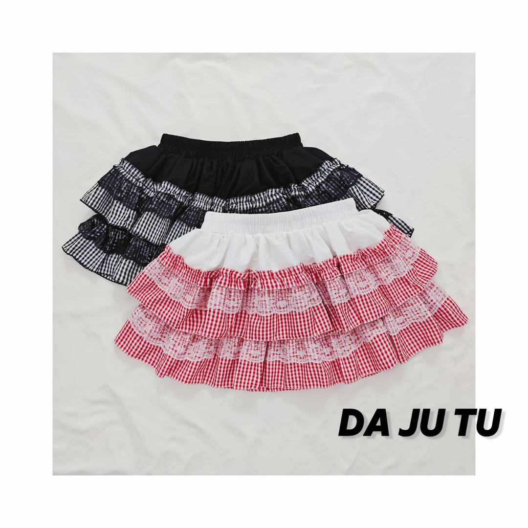 原创设计夏天拍照A字显瘦高腰百搭蛋糕裙格子蕾丝边小个子蓬蓬裙