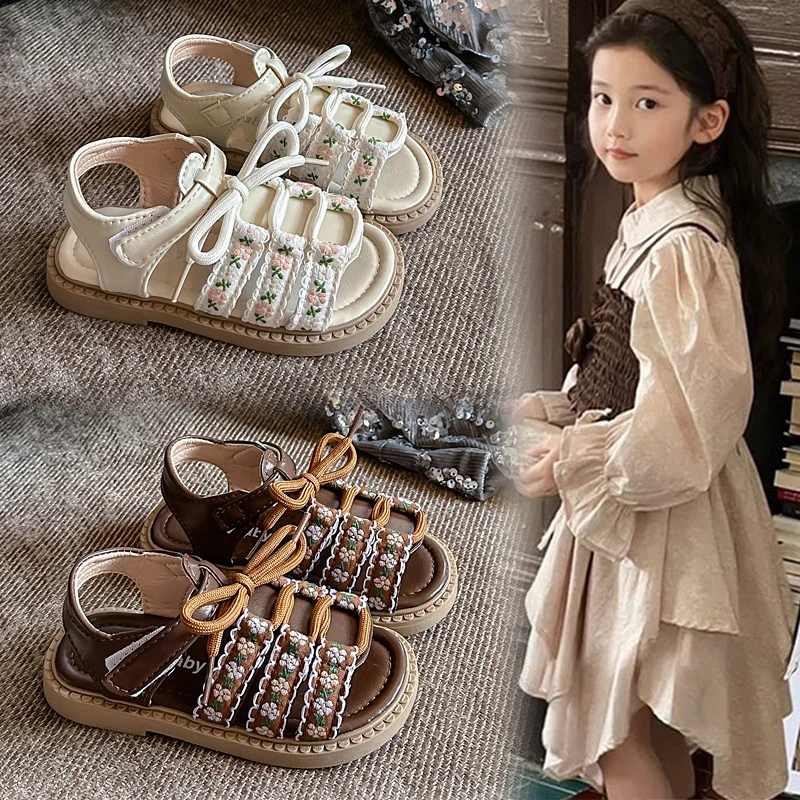 2025年夏女童百搭款民族风露趾凉鞋编织蝴蝶结沙滩凉鞋 2517 PYQZ