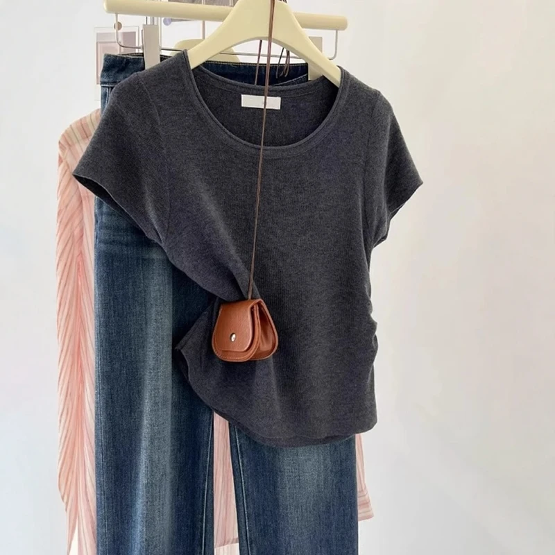 深灰色冰丝针织短袖T恤女正肩夏季小个子收腰显瘦短款小飞袖上衣