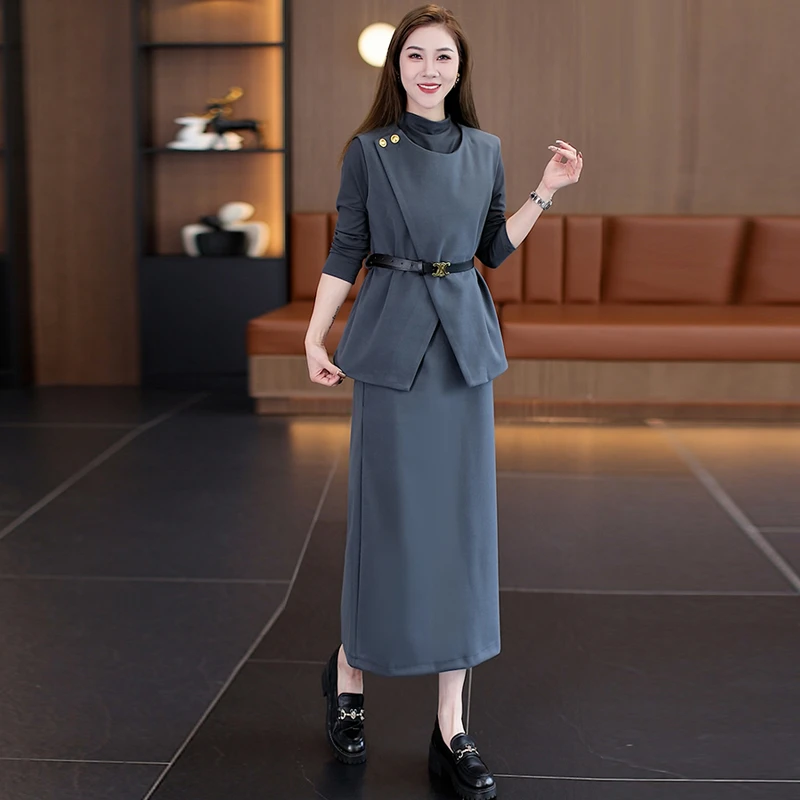 拉夏贝尔时尚法式半身裙套装女2025秋季新款背心开叉半身裙三件套