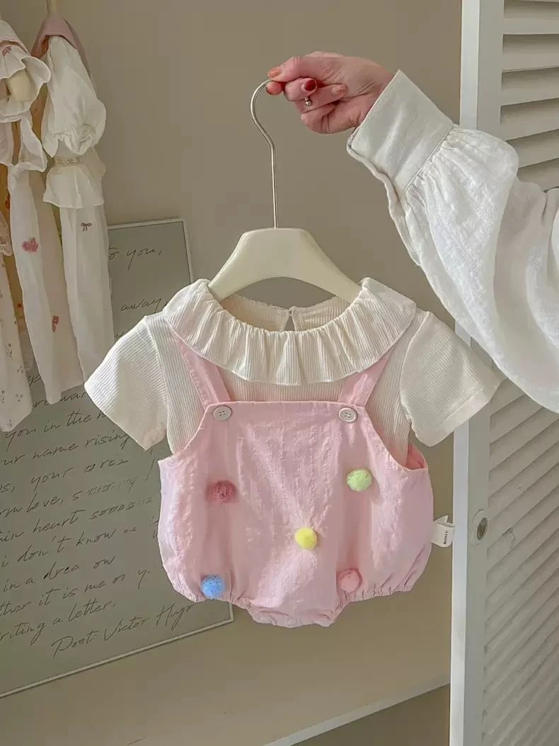 【甜蜜家】梦幻彩球女宝宝夏季薄款套装短袖背带包屁衣两件套