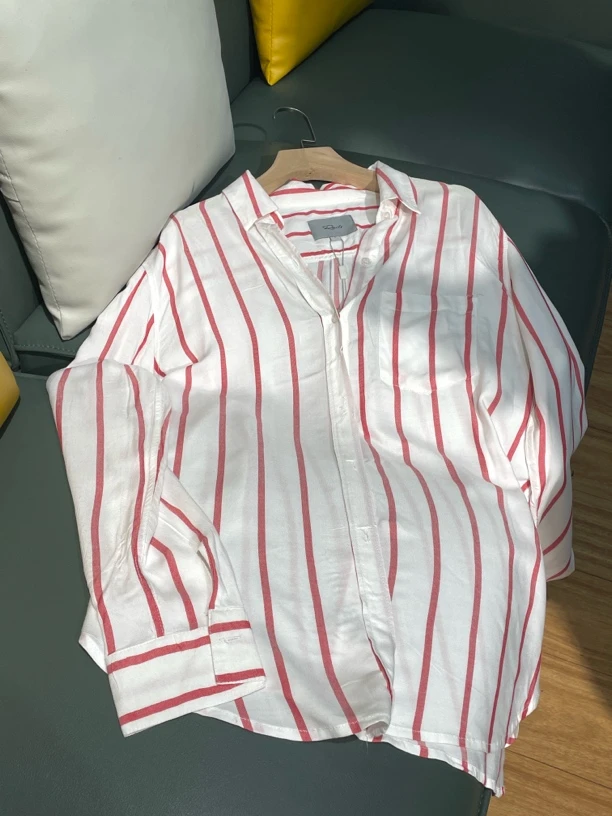 32159纯莱赛尔红竖条纹衬衫