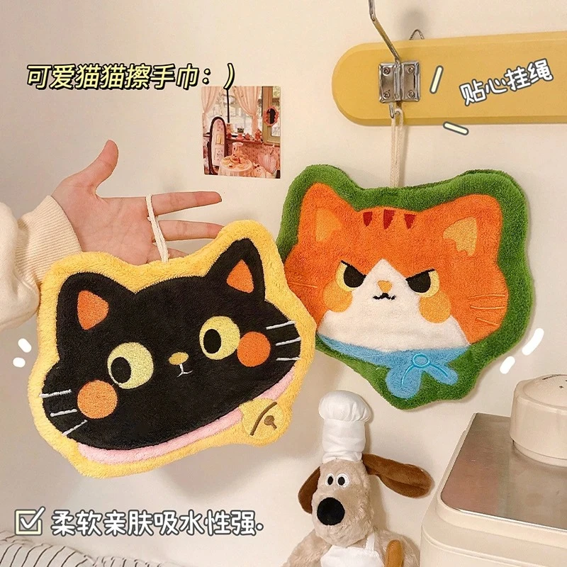 珊瑚绒可爱猫咪挂式擦手巾加厚超强吸水毛巾厨房可挂除污洗碗帕子