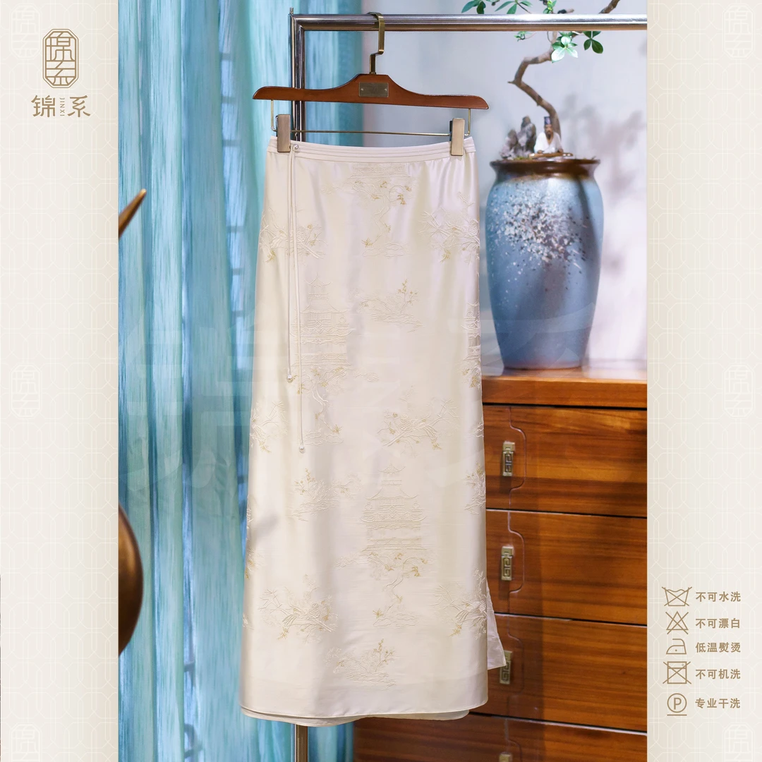 真丝弹力缎新中式国风桑蚕丝绣花后松紧腰半裙Q-411327
