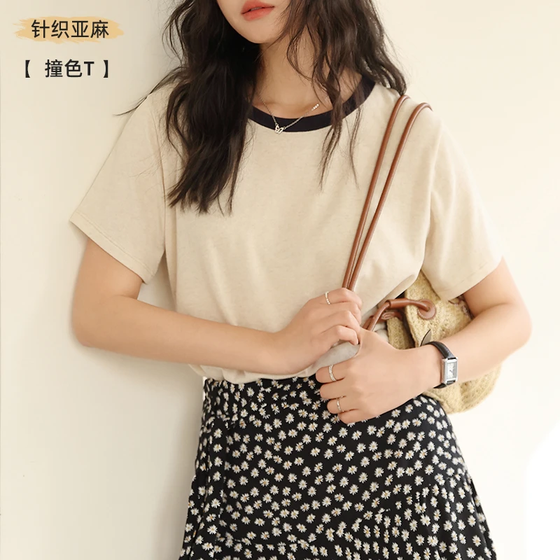 天丝亚麻短袖2025新款春夏打底衫女百搭圆领T恤休闲撞色套头上衣