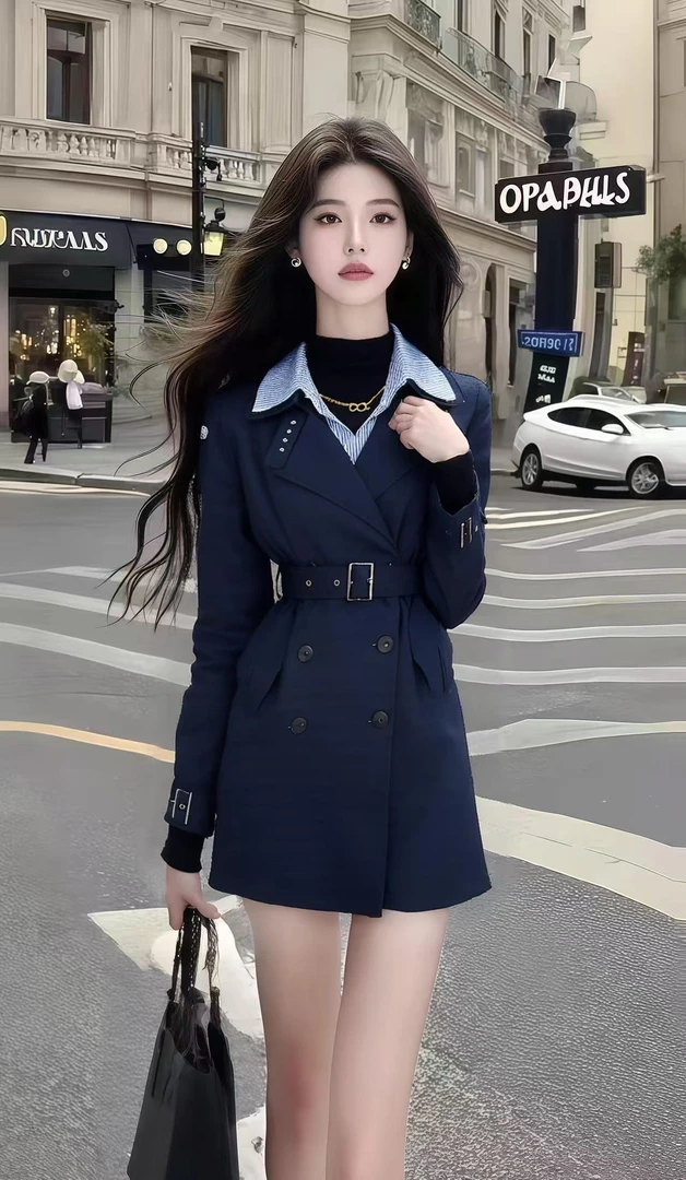 时尚高级感气质名媛法式休闲风深蓝色翻领收腰系带长袖连衣裙女