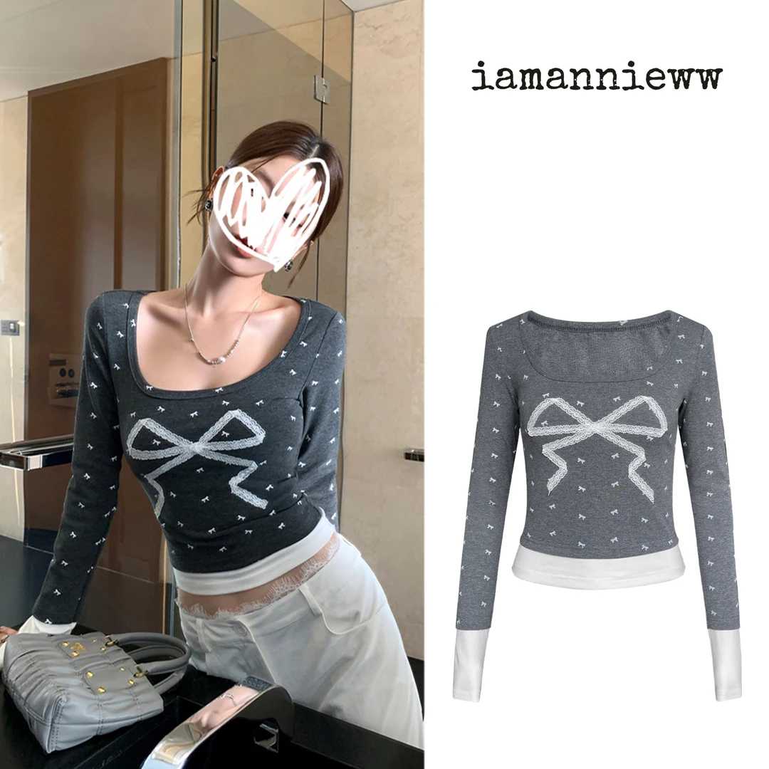 iamannieww秋季女装上衣 洋气假两件显瘦长袖T恤蕾丝蝴蝶结打底衫