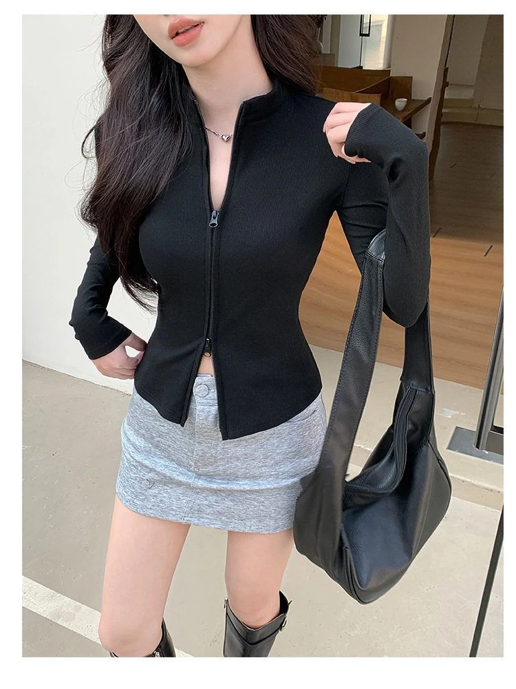 美式立领双拉链短外套女2025百搭背心弹力修身吊带打底潮流休闲服