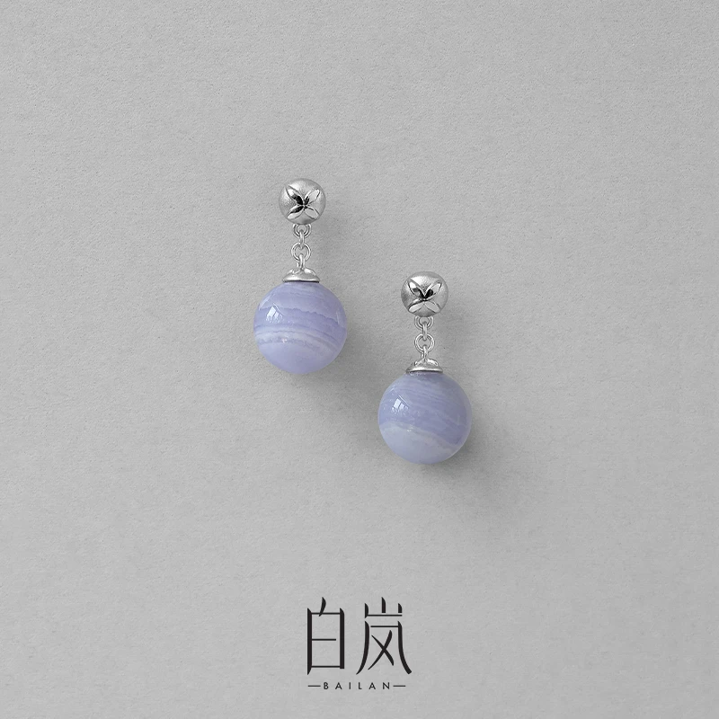 【7月上新】白岚花砖蓝纹玛瑙耳钉耳环耳饰女高级蓝色饰品ED4659