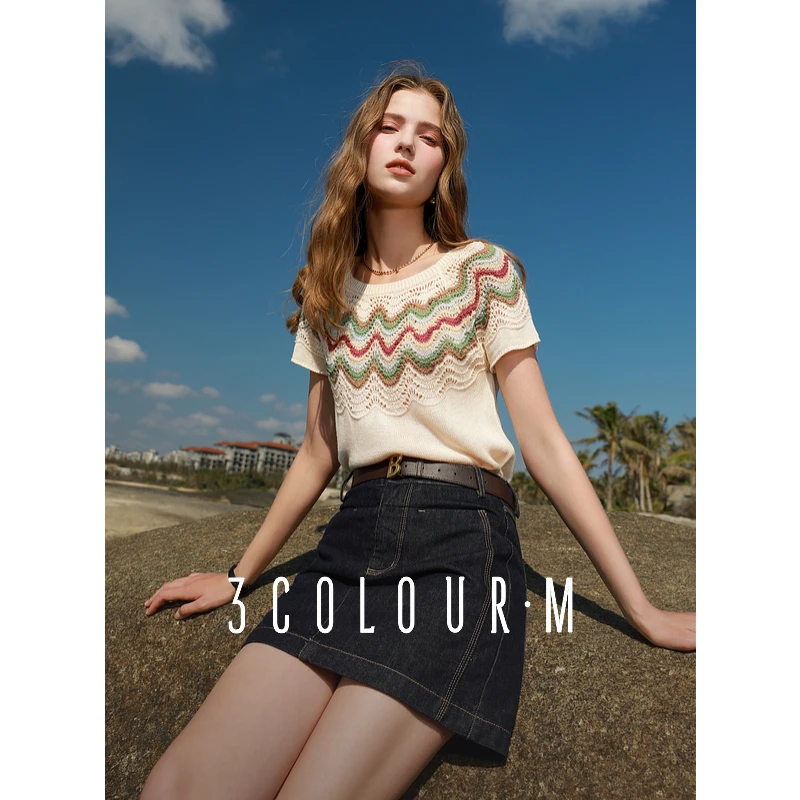 0153【金拐子专属】三彩2025春季新款镂空钩花波浪撞色短袖针dbx