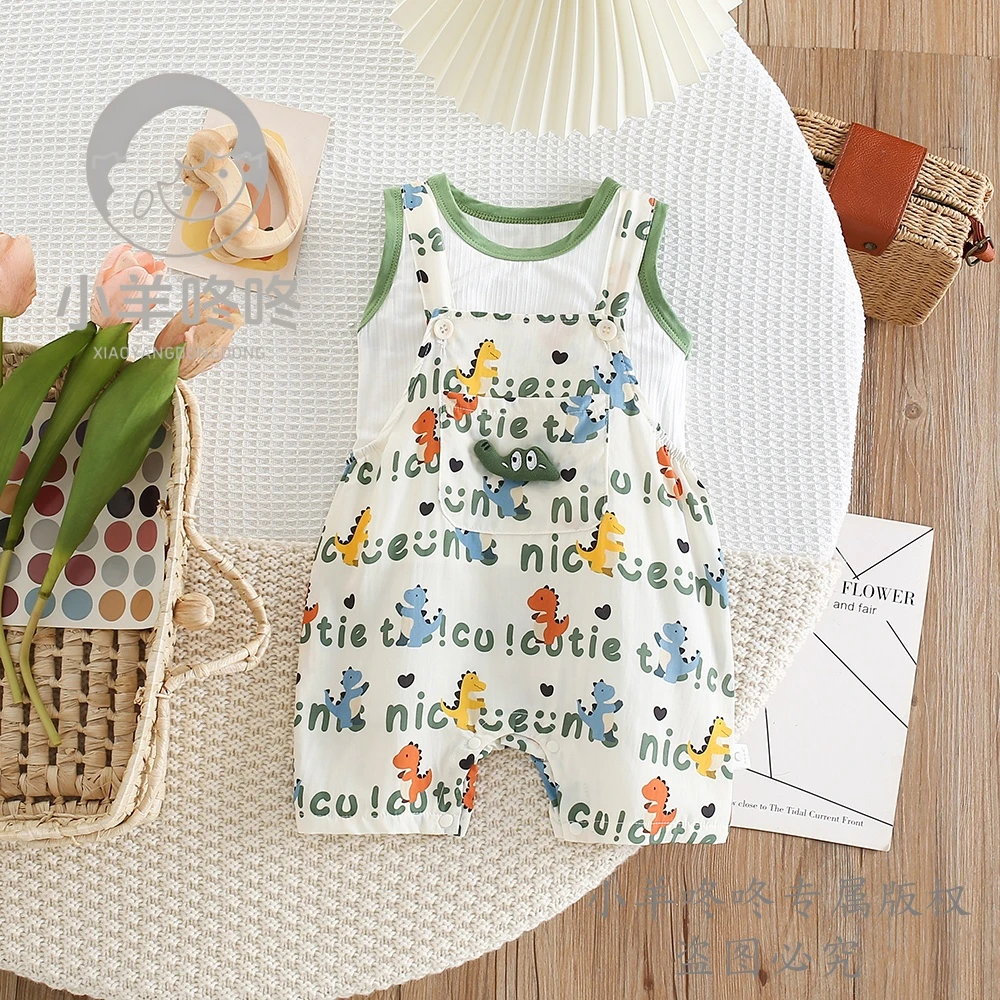 【夏季】新萌鳄字母语两件套满印可爱洋气婴儿幼儿时尚连体衣哈衣