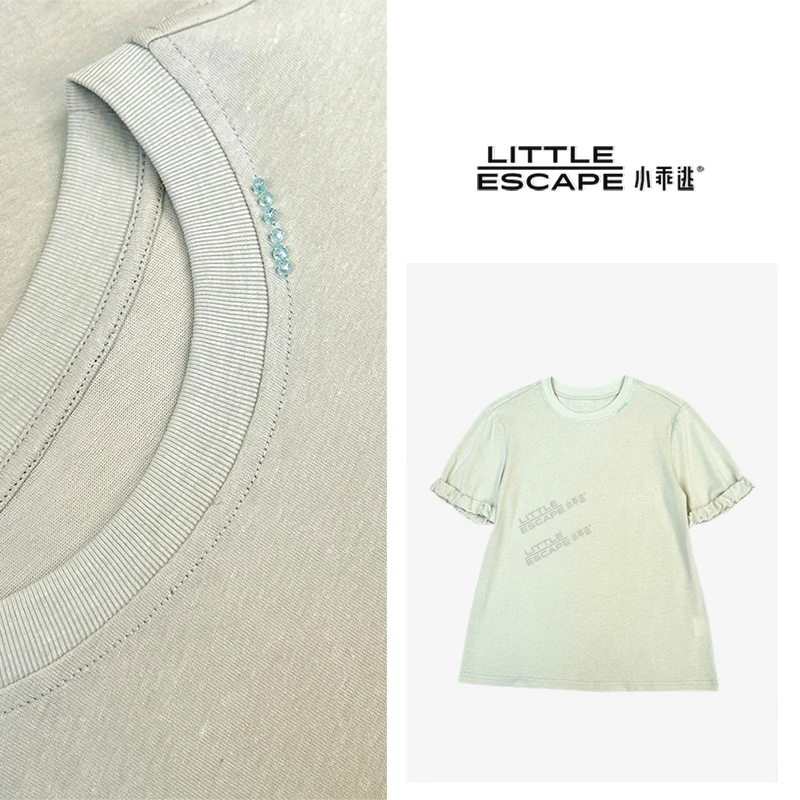 小乖逃X双色圆领短袖上衣 绿色白色T恤花边袖领子钉珠T恤 S25294