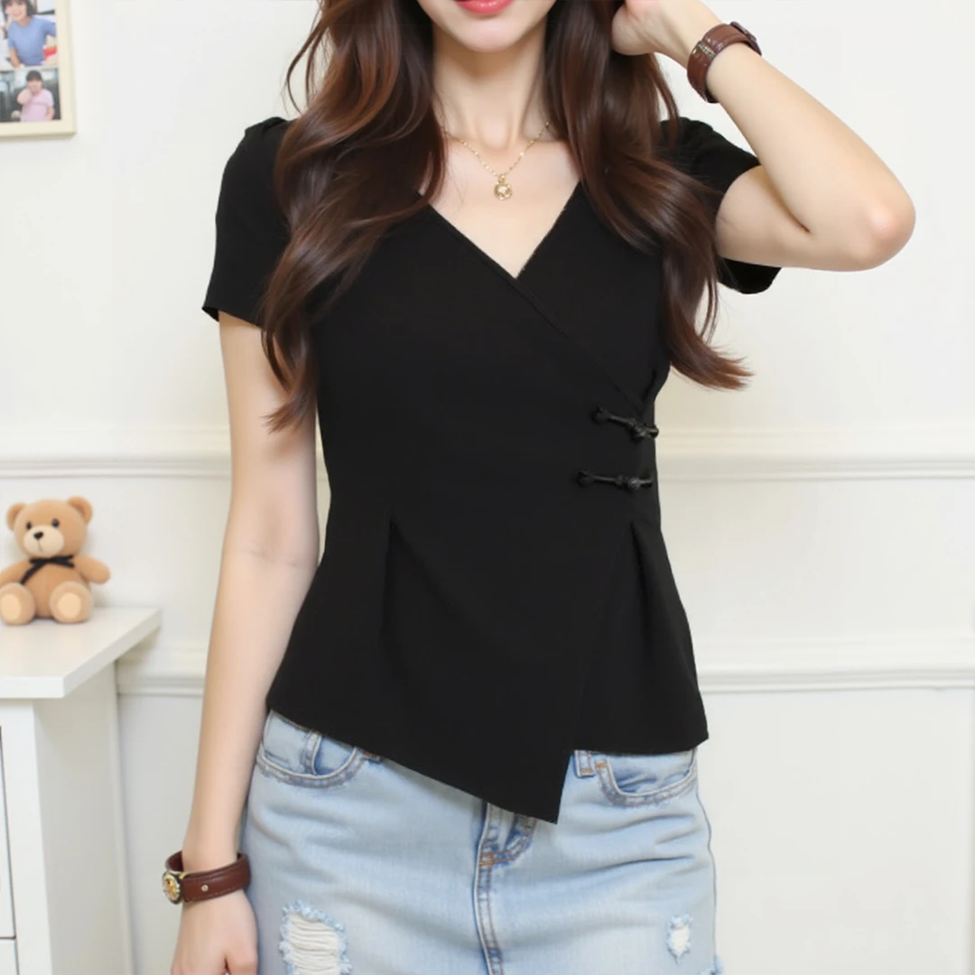 黑色短袖T恤女2025新款夏季时尚收腰洋气小衫新中式盘扣国风上衣