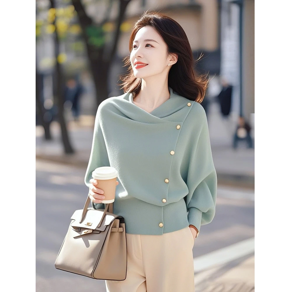 设计感小众针织打底衫女2025春秋洋气休闲上衣百搭宽松长袖毛衣潮