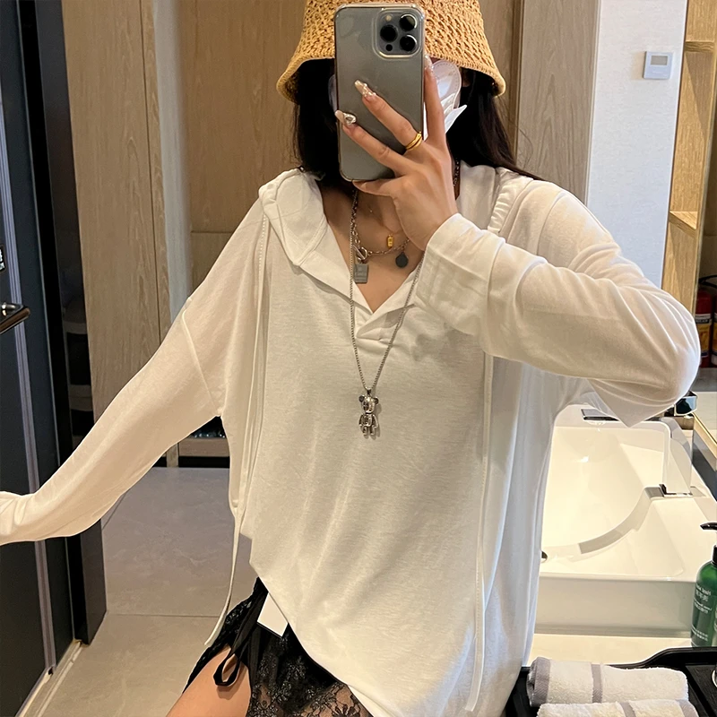 春夏新款慵懒风宽松透气防晒衫韩版洋气减龄显瘦纯色v领防晒长衫