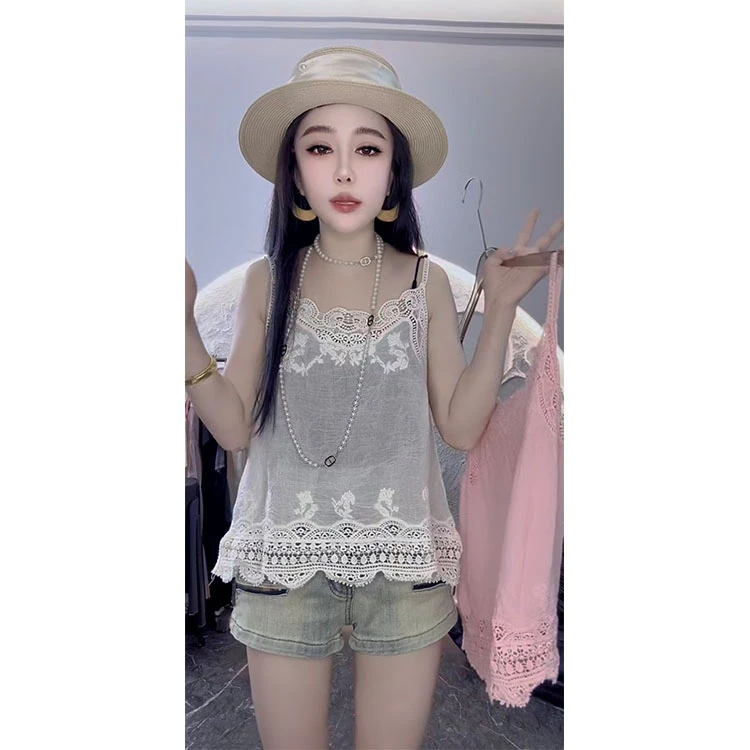 欧货夏季新款蕾丝棉麻透气超薄吊带洋气舒适气质外穿内搭上衣女