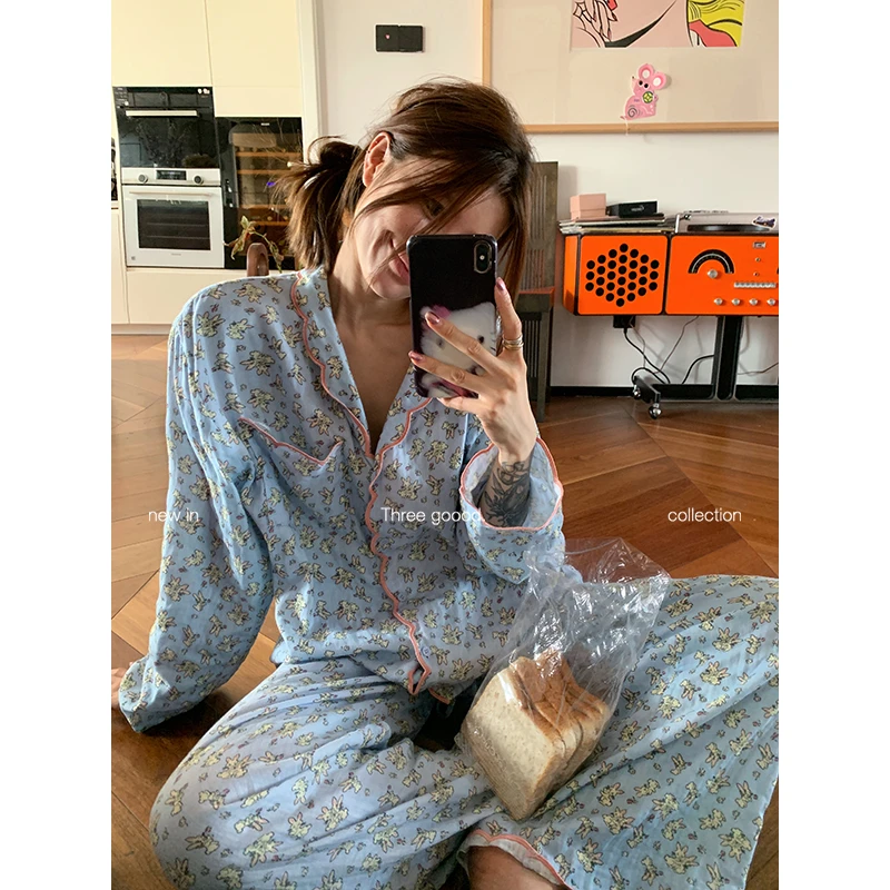 THREE GOOOD/三吉杨超越同款100棉印花刺绣兔兔睡衣套装Y725A0644