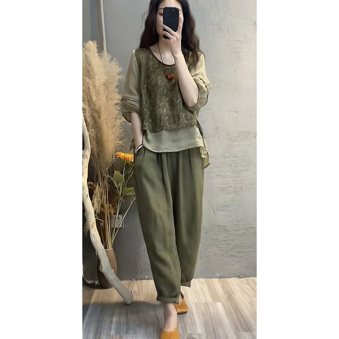 2025夏季新款时尚棉麻套装女印花拼接假两件上衣哈伦裤显瘦两件套