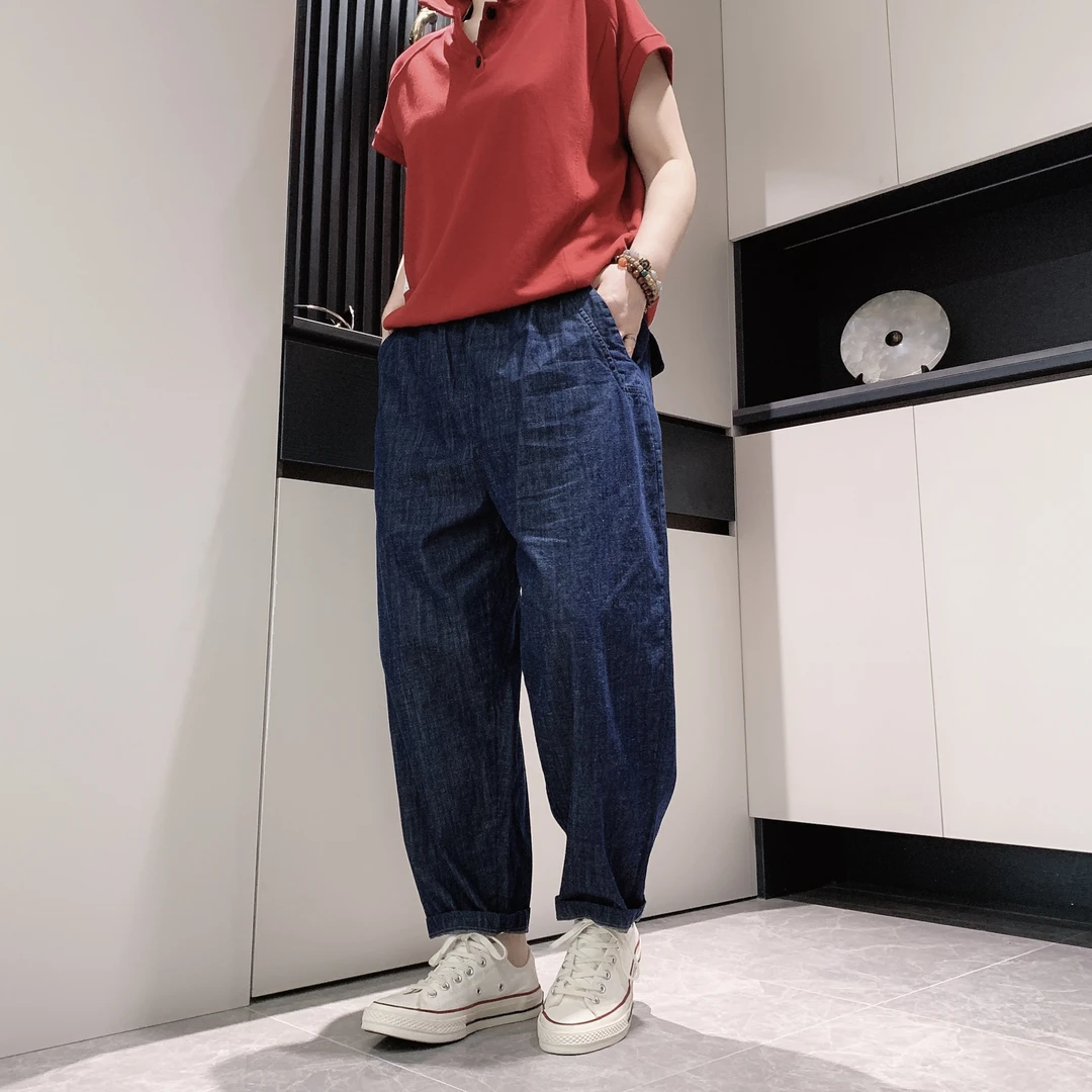【六哥原创】设计款潮流宽松夏季直筒纯色复古休闲帅气亚麻牛仔裤