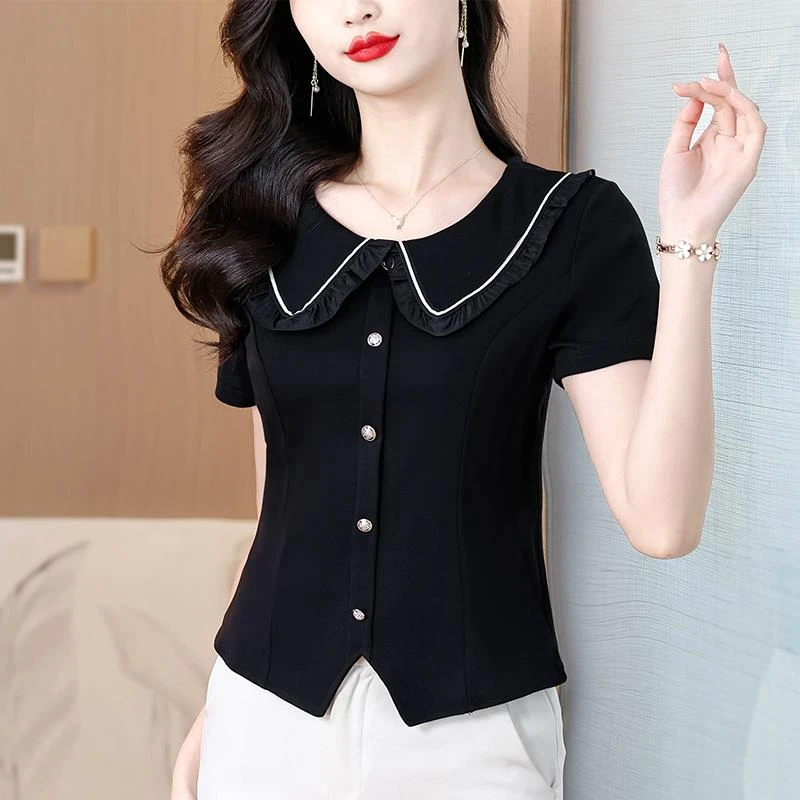 洋气娃娃领短袖T恤女2025夏装新款气质短款上衣时尚减龄黑色体恤