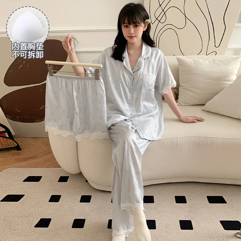 女大睡衣女款爆款2025新款夏冰丝宽松短袖带胸垫三件套大码家居服