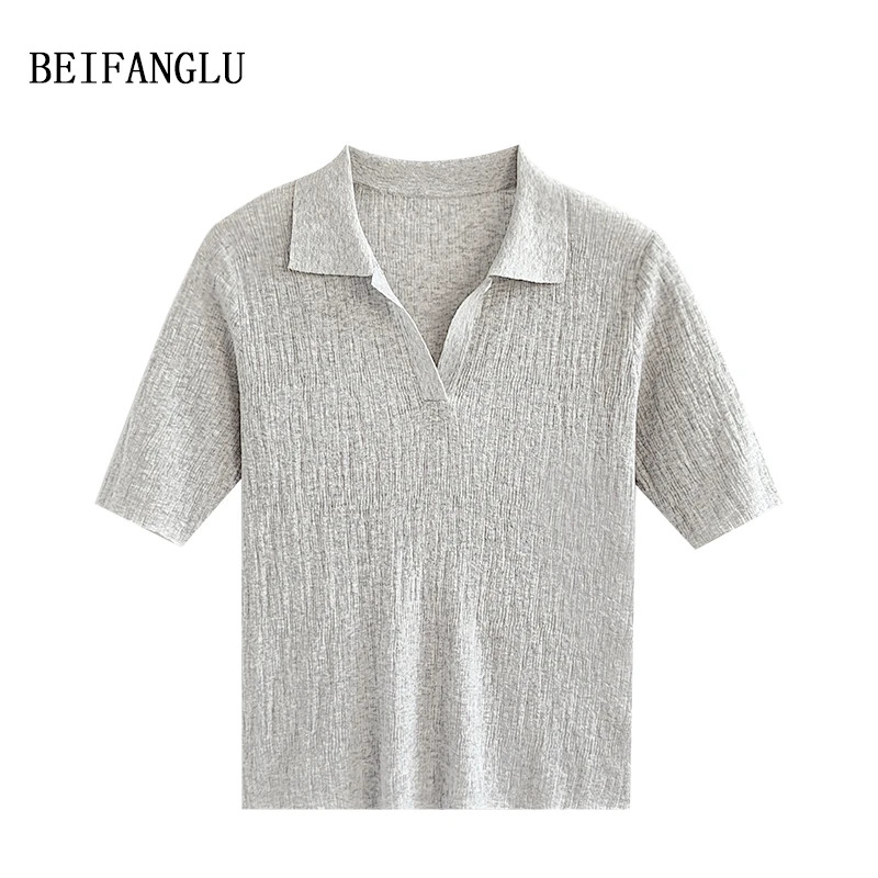 【北方鹿】春夏新品亚麻棉气质POLO领肌理感薄针织短袖1533