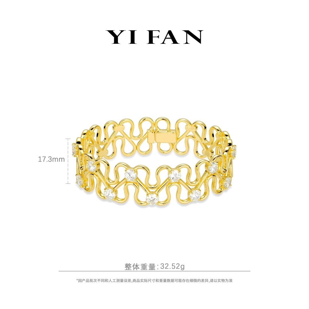 925银合成锆石手镯 4675-(大波浪)金色白点环环相扣豪镶百搭手镯