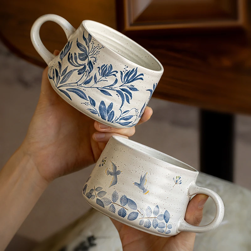 小悠家 设计感螺纹杯花卉陶瓷马克杯家用咖啡杯漂亮杯子伴手礼