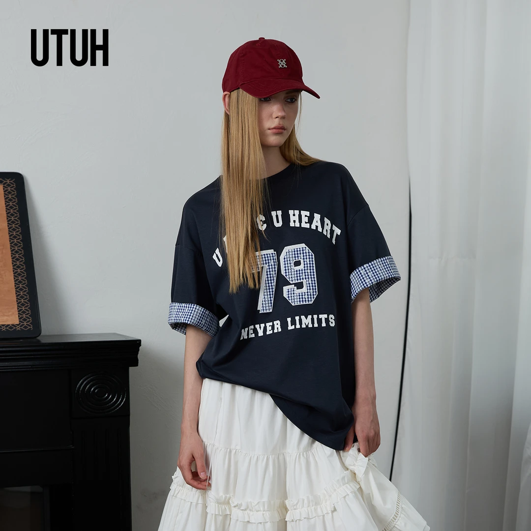 UTUH 藏蓝色MIU系穿搭美式复古拼接T恤女街头运动休闲 TUWWR2T182