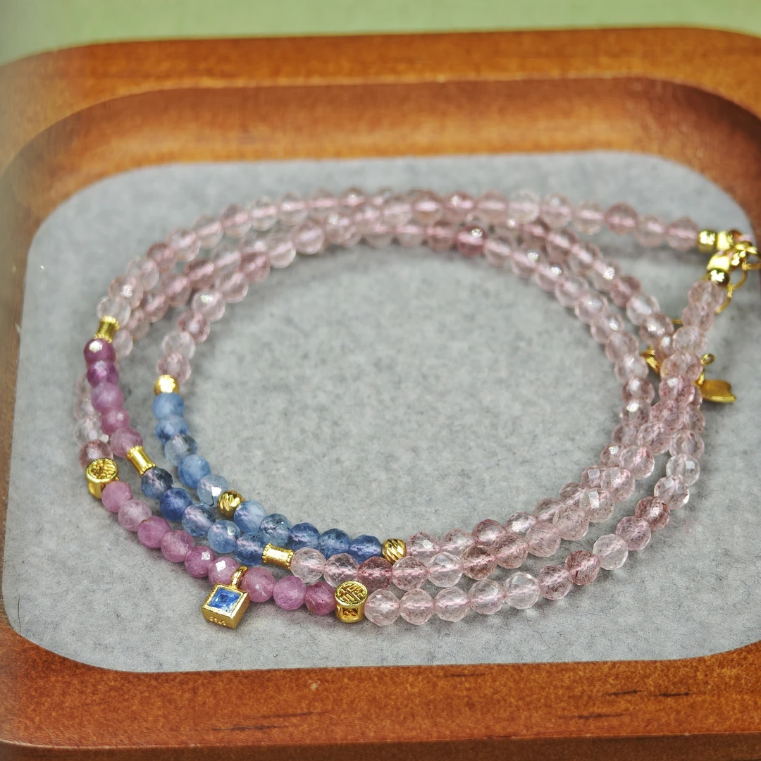 【碎粉饼】物华原创三圈天然草莓晶撞色小清新手链