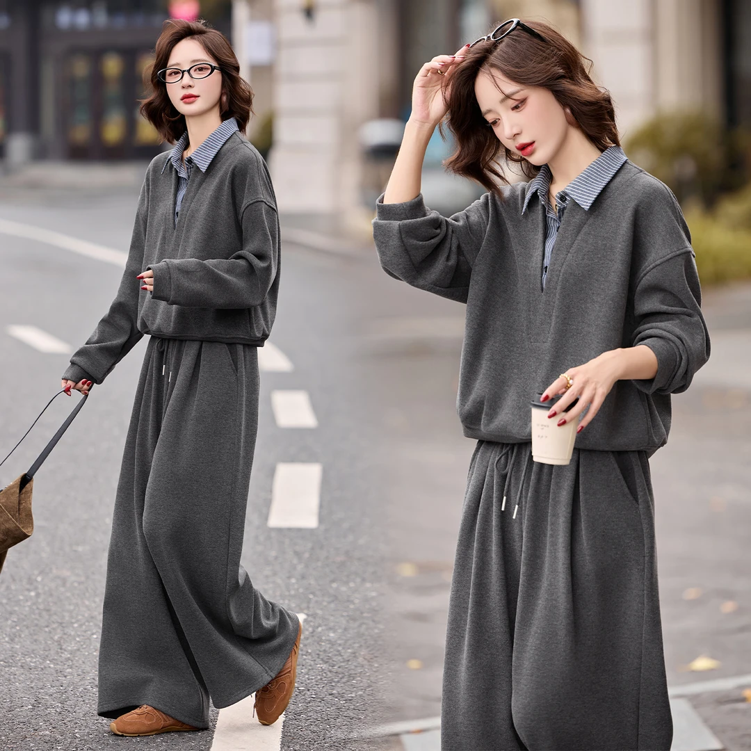 套装女2026年秋冬季加厚衬衫假两件卫衣阔腿裤高冷御姐系女装赫本