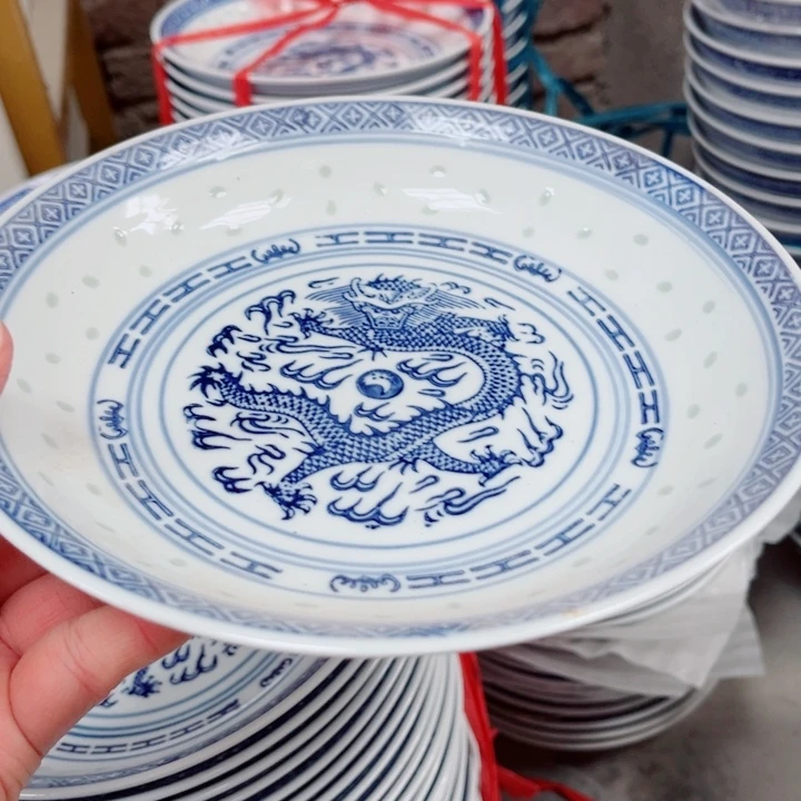 青花玲珑8寸窝盘龙纹