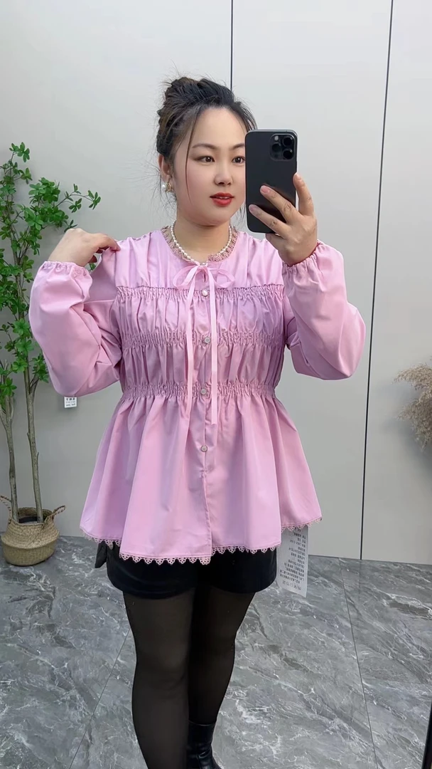 大码女装胖mm春季新款2025法式圆领长袖衬衫设计感时尚百搭上衣女