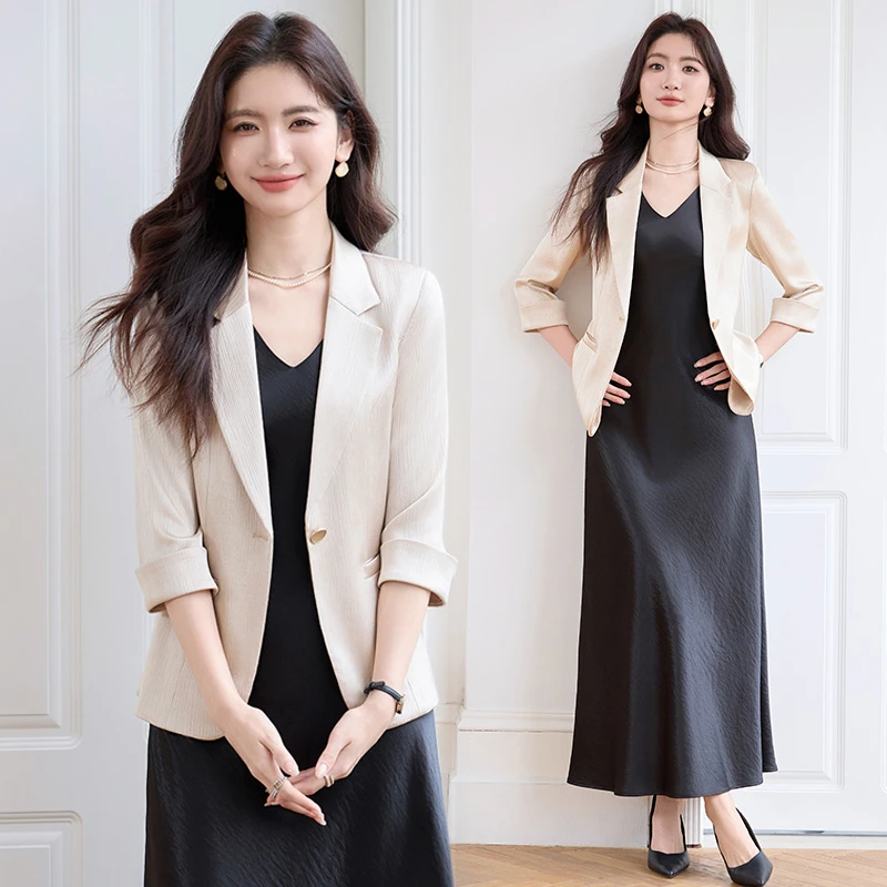 香槟色西装外套女2025新款春夏职业气质休闲连衣裙西服套装两件套