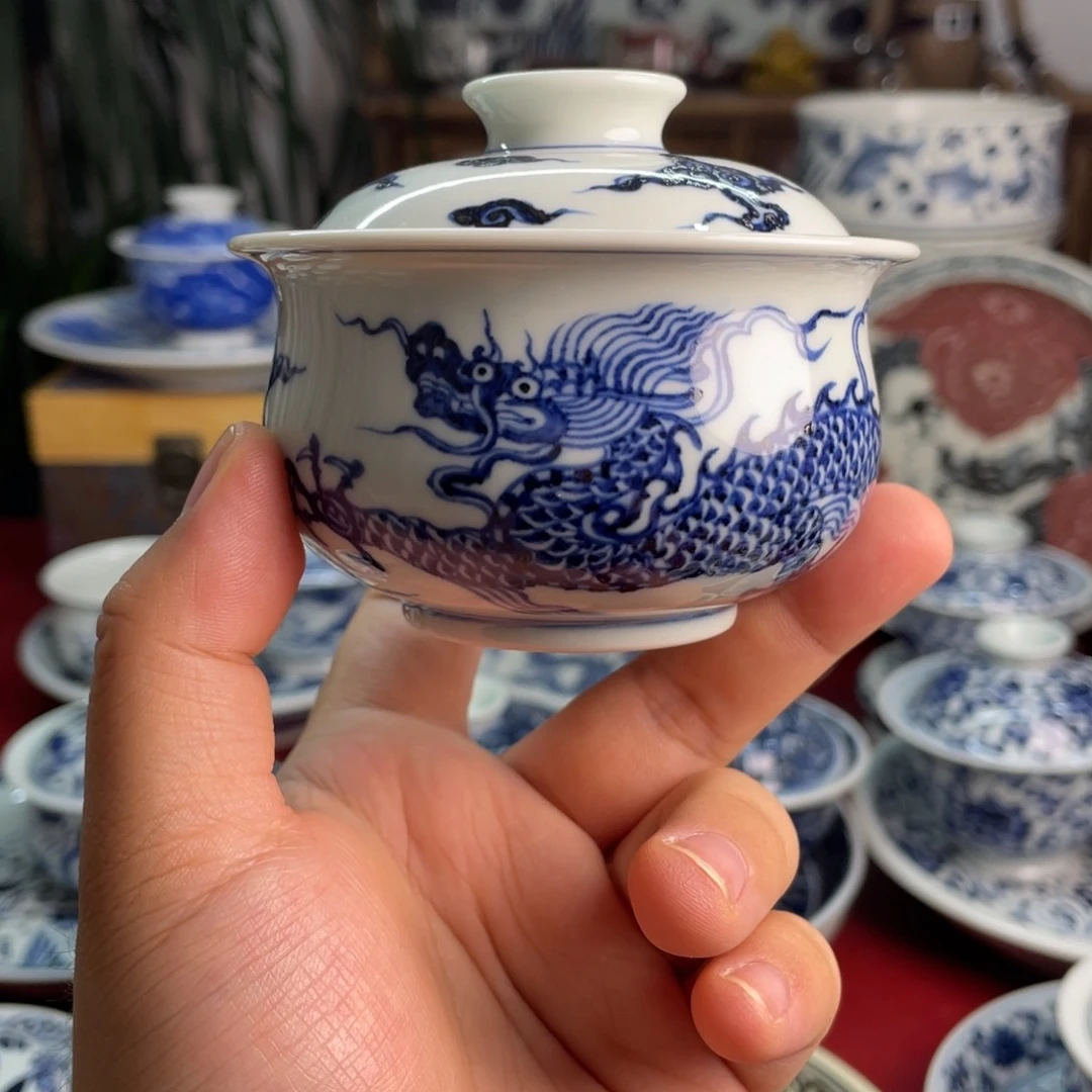 青花霸王龙盖碗微瑕