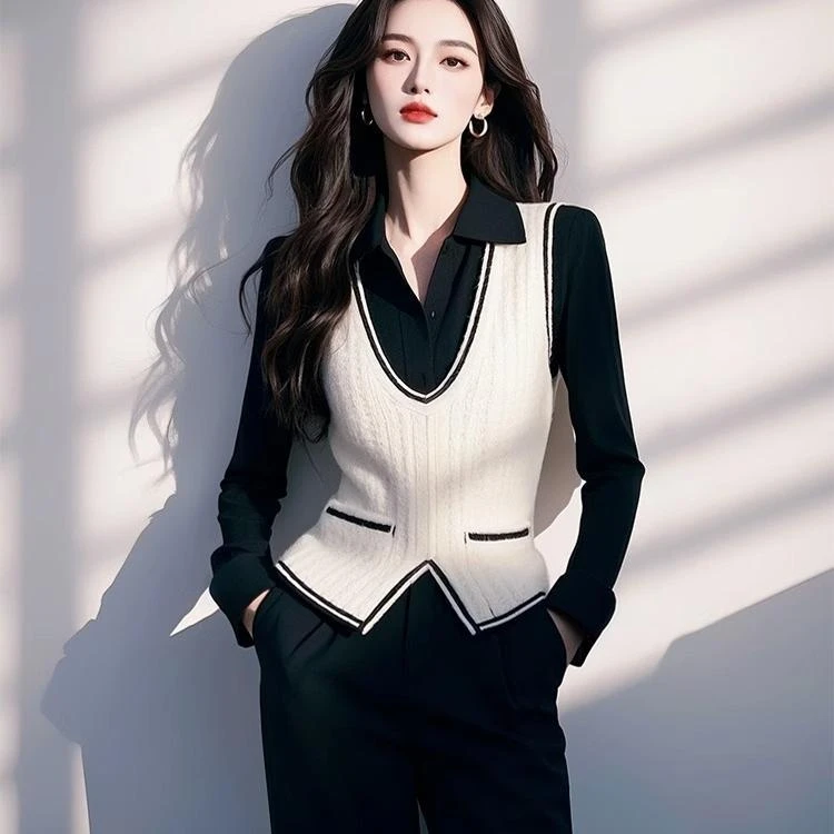 今年爆款假两件白色针织衫拼接衬衫女款2025早春新款内搭打底上衣