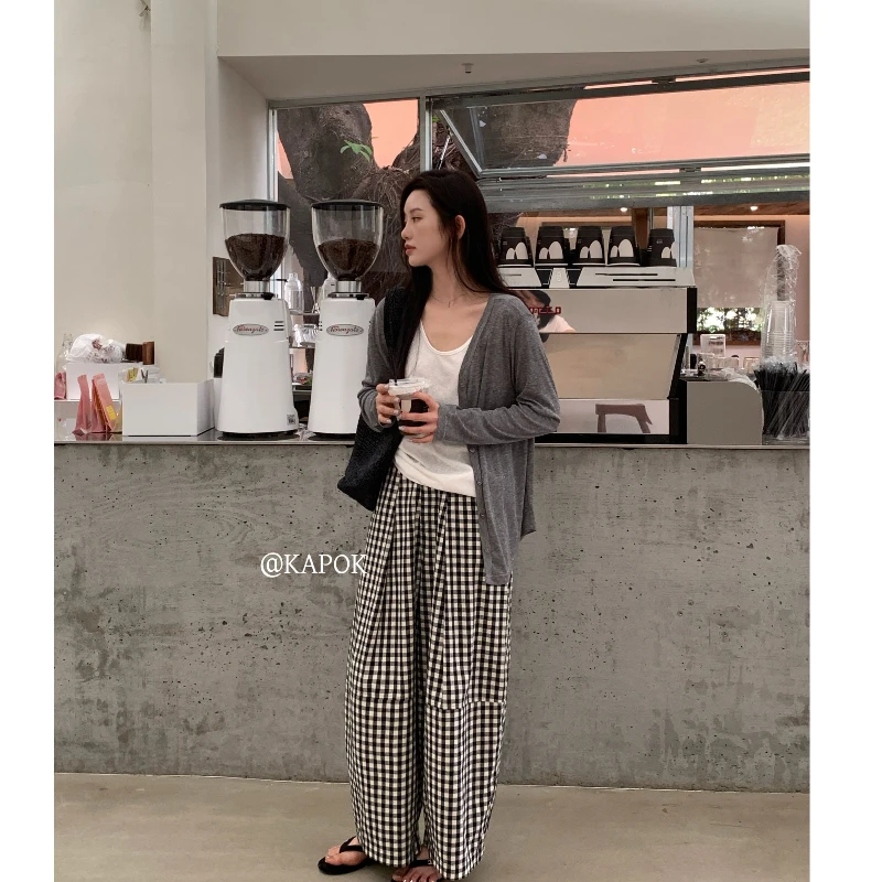 25227#【巨巨显瘦！】韩系百搭复古格子九分气球裤