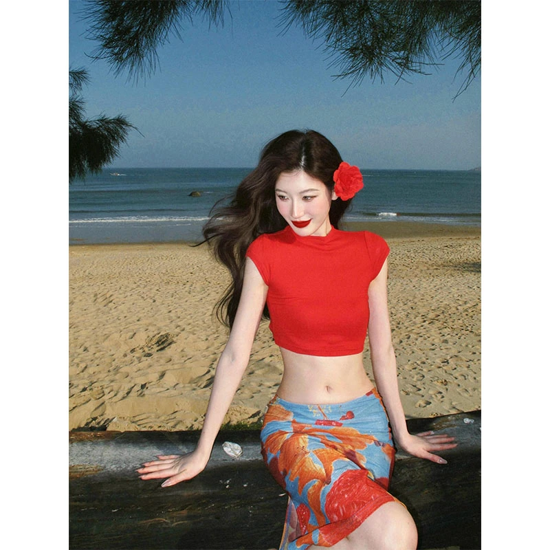 2025夏季新款修身设计感正肩T恤短袖上衣气质时尚收腰印花半身裙