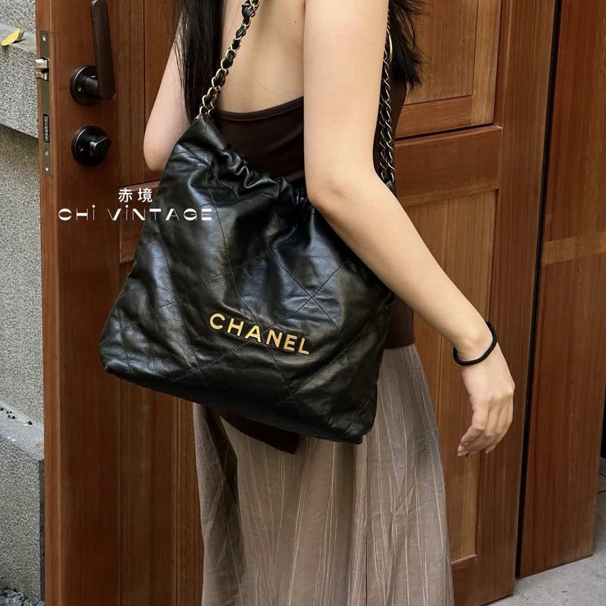 99新 Chanel/香奈儿 8141 黑金22bag小号单肩包芯片款