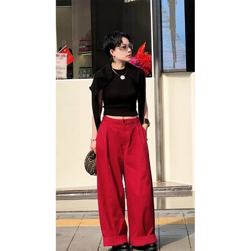 JING2025秋冬新款3883高腰直筒裤宽松百搭阔腿长裤垂感休闲女裤